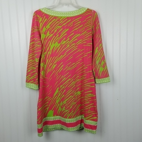 Tracy Negoshian Dress Keyhole Neckline Preppy Loose Retro Neon Print Cap Pocket - Picture 2 of 11